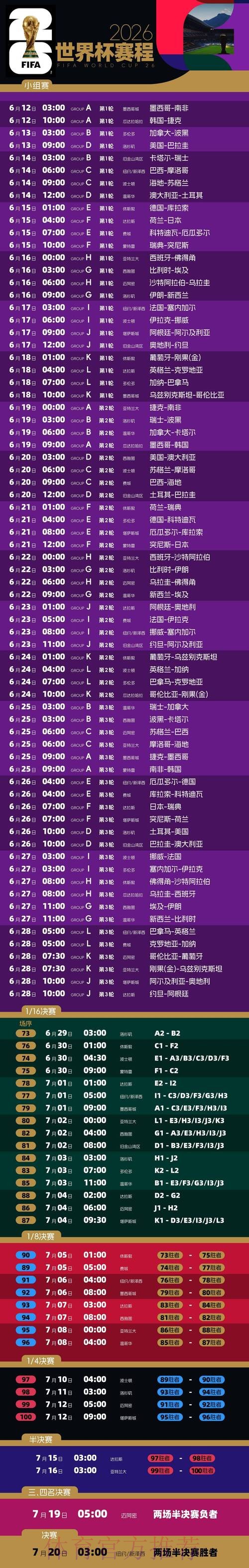 2026世界杯完整赛程详细安排完整安排免费观看